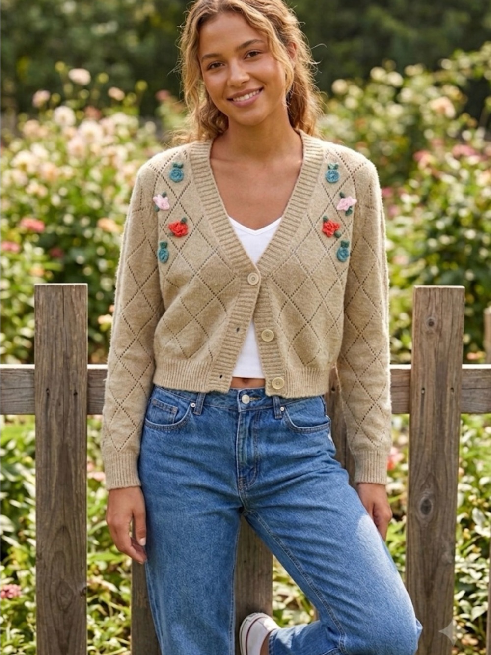 Hyfve Floral Embroidered Cropped Cardigan Sweater Small - Picture 2 of 10